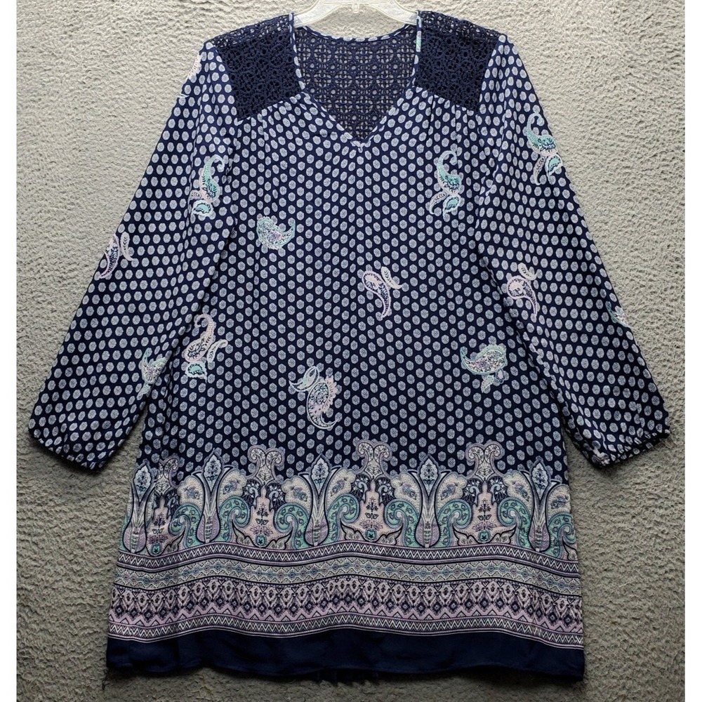 DR2 Shift Dress Women L Multi Paisley Lined Crochet Shoulder V-Neck Pleated Back